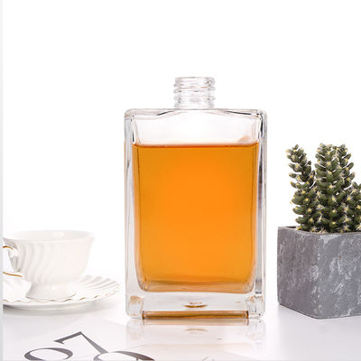 Glass Collar Material Square Clear Flat Shoulder 500ml 700ml Whiskey Bottle with Cork