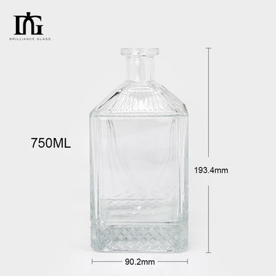 Custom Embossed Logo 750ml Glass Bottle for Alcohol Spirits Clear Square Shape