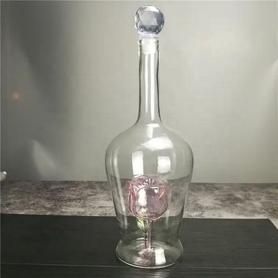 750ML Handmade Blown Glass Liquor Wine Bottles with Unique Decorated Rose Flower Shape