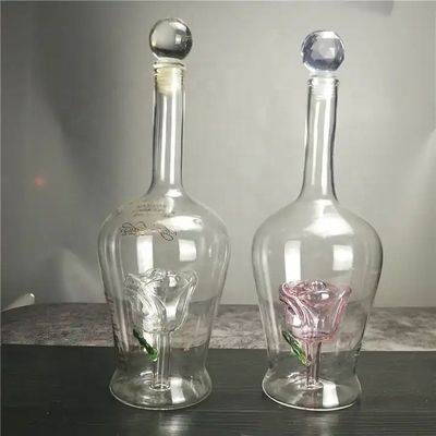 750ML Handmade Blown Glass Liquor Wine Bottles with Unique Decorated Rose Flower Shape