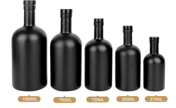 Glass Collar Custom 700ml Matte Black Round Empty 750ml Liquor Bottle for Vodka