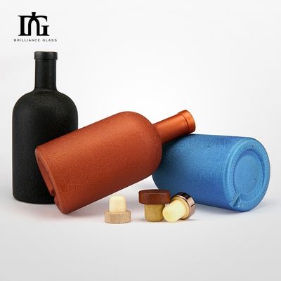 Glass Collar Custom 700ml Matte Black Round Empty 750ml Liquor Bottle for Vodka